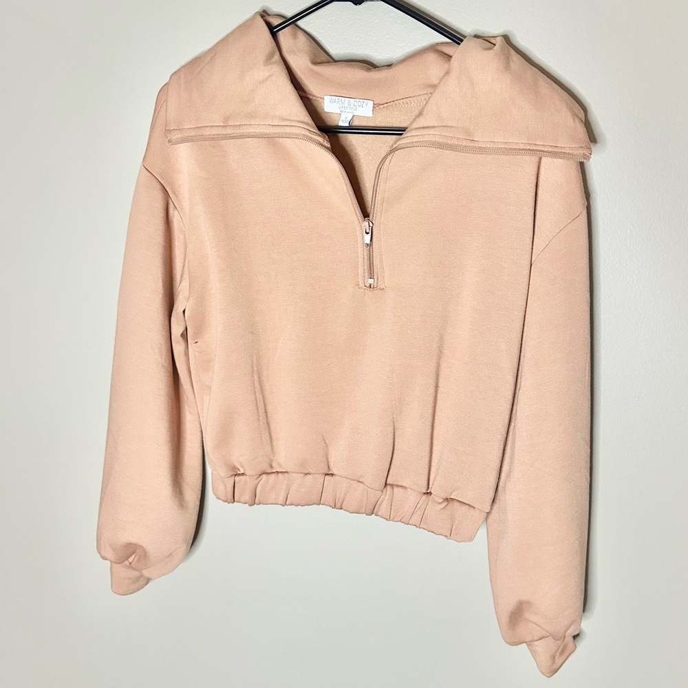 Cozy Quarter Zip Cropped Light Pink Sweatshirt